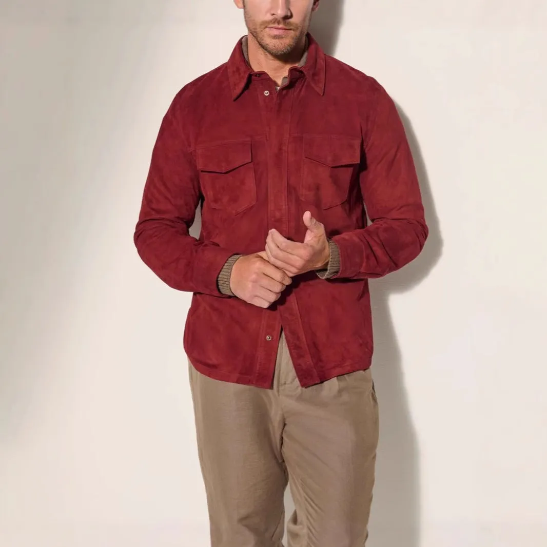 Noah suede shirt jacket for men in brown, front view, polyester fibre regular length