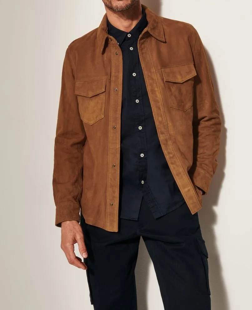 Noah suede shirt jacket for men in brown, front view, polyester fibre regular length