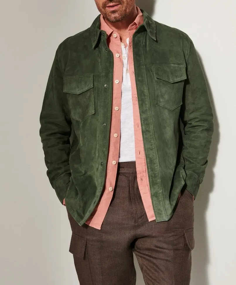 Noah suede shirt jacket for men in brown, front view, polyester fibre regular length