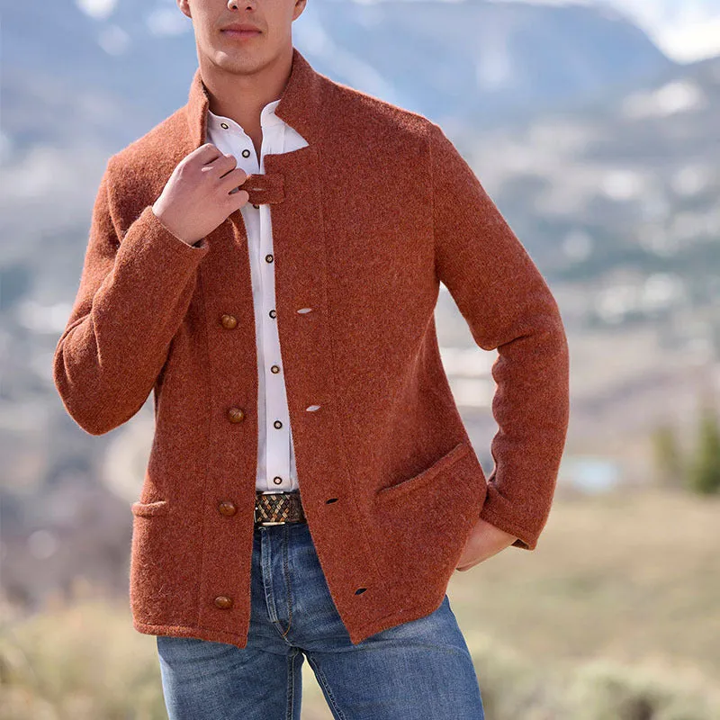 Men's casual mid-length coat in solid colour with patch pockets, polyester fibre fabric