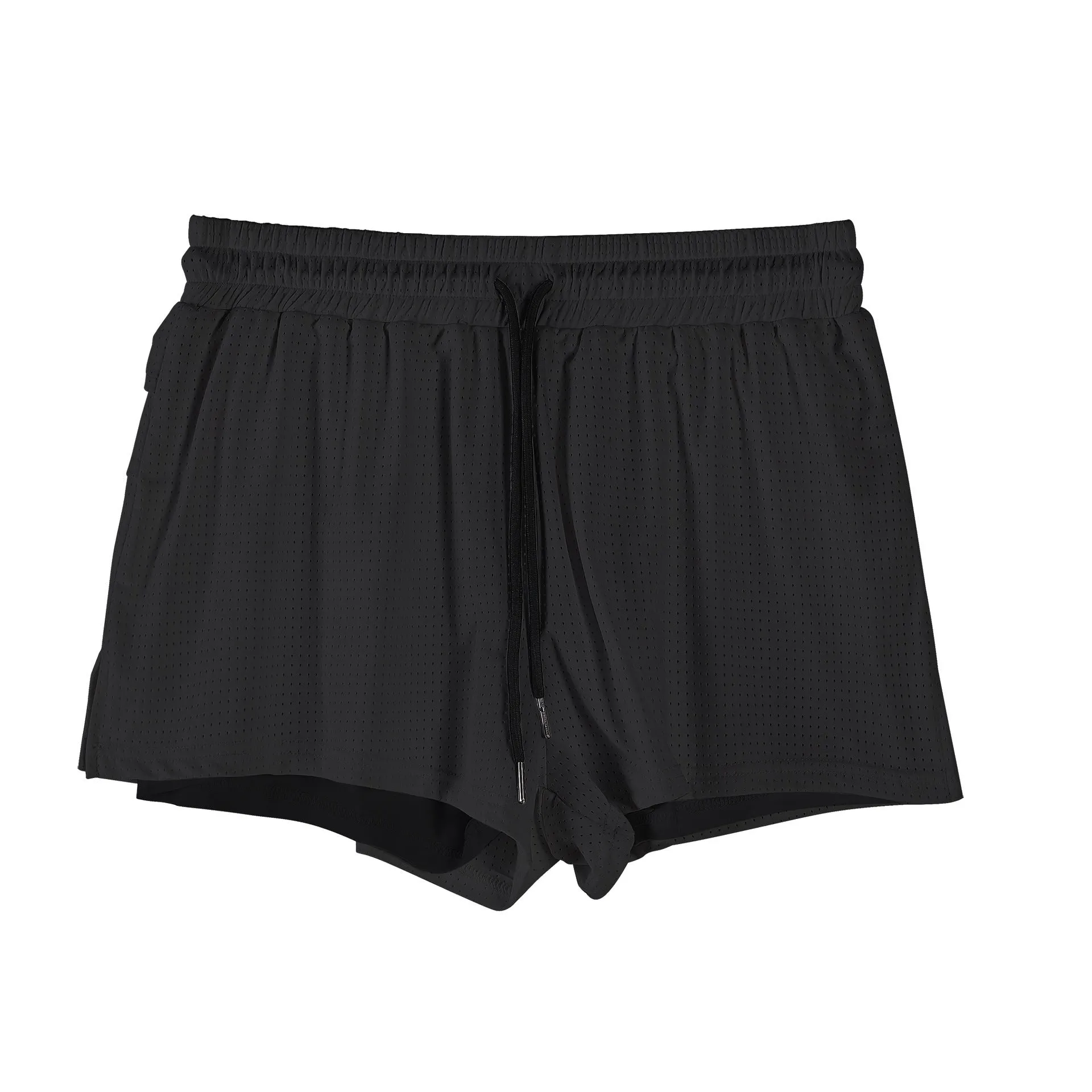 Men's quick-drying nylon shorts in black on a white background, showing mid-waist and short length.