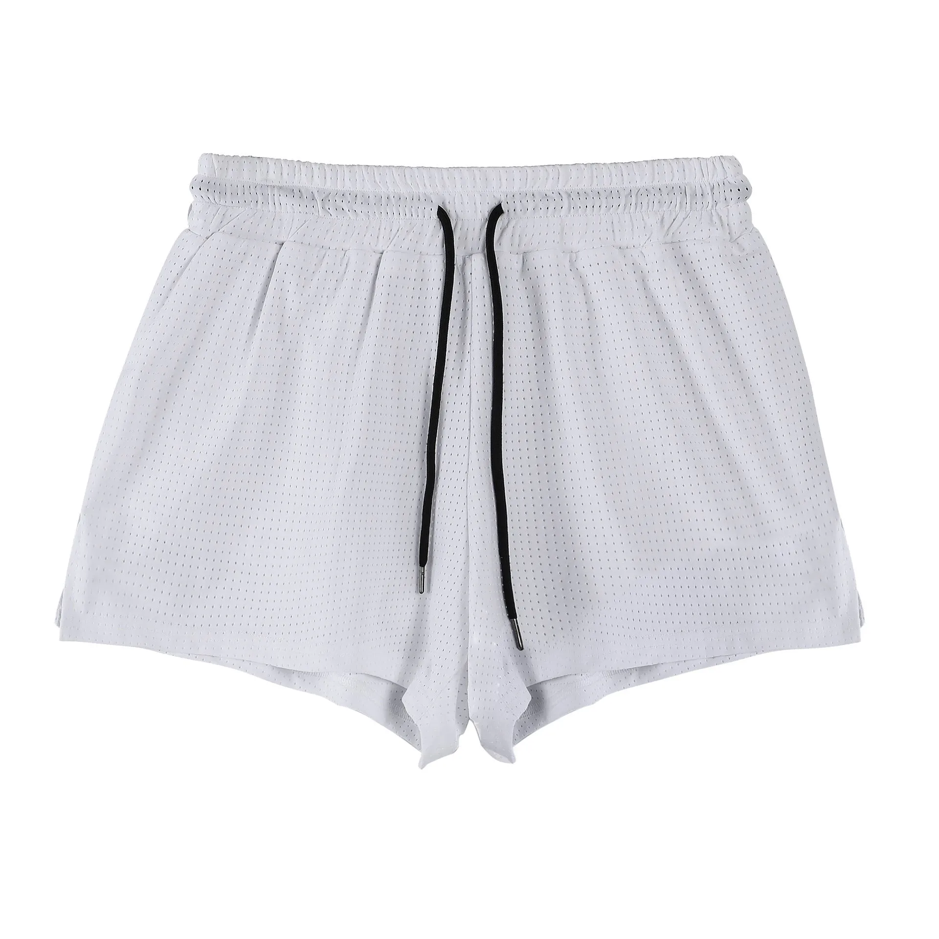 Men's quick-drying nylon shorts in black on a white background, showing mid-waist and short length.