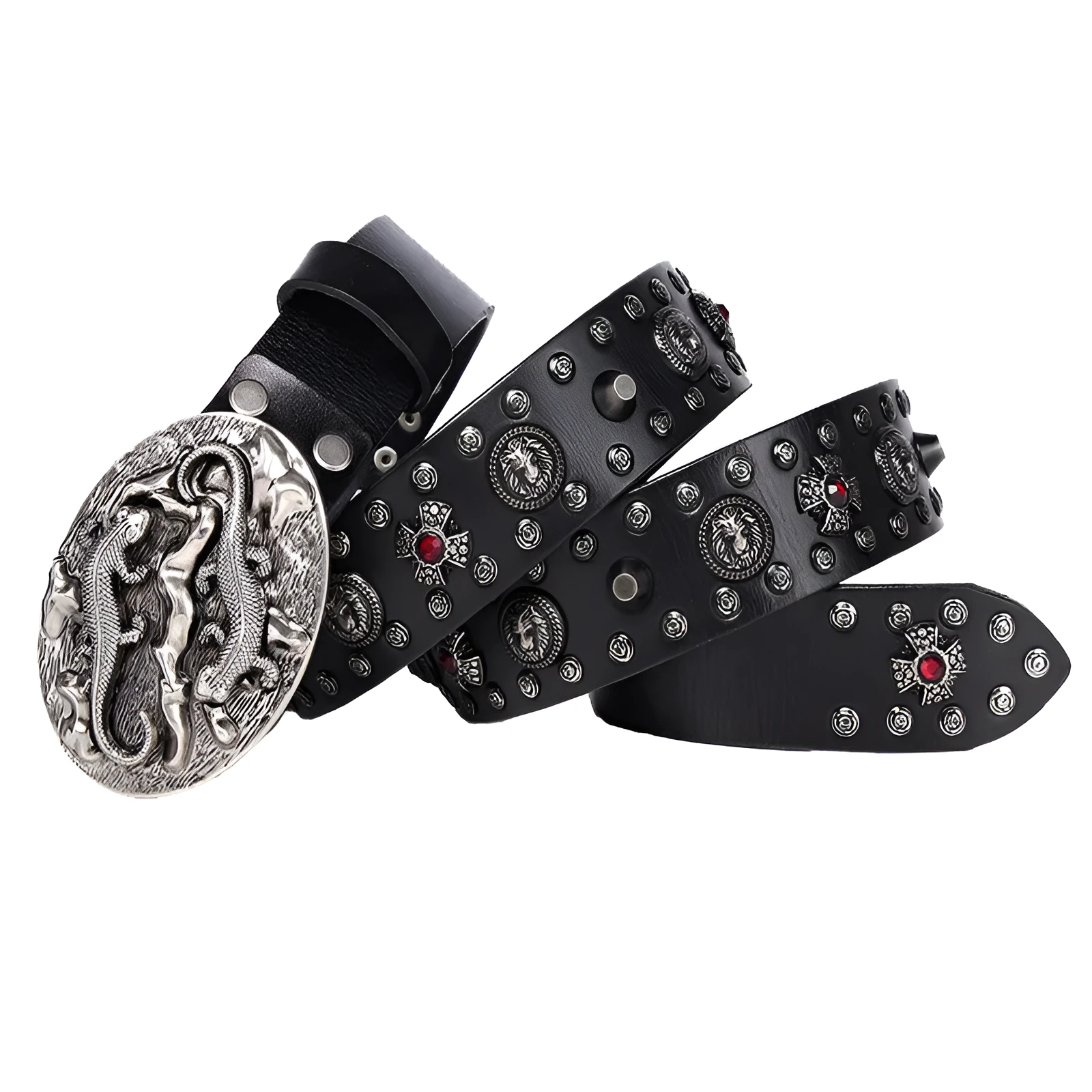 Men's black punk-style leather belt with silver rivets and an alloy buckle shown on a size chart.