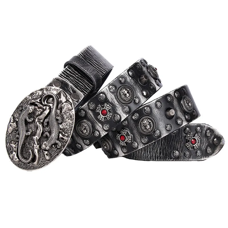 Men's black punk-style leather belt with silver rivets and an alloy buckle shown on a size chart.