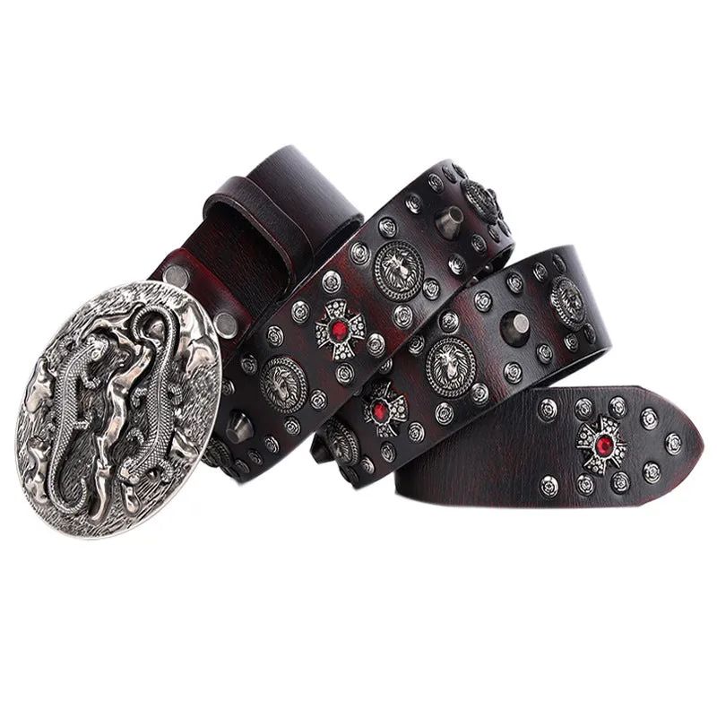 Men's black punk-style leather belt with silver rivets and an alloy buckle shown on a size chart.