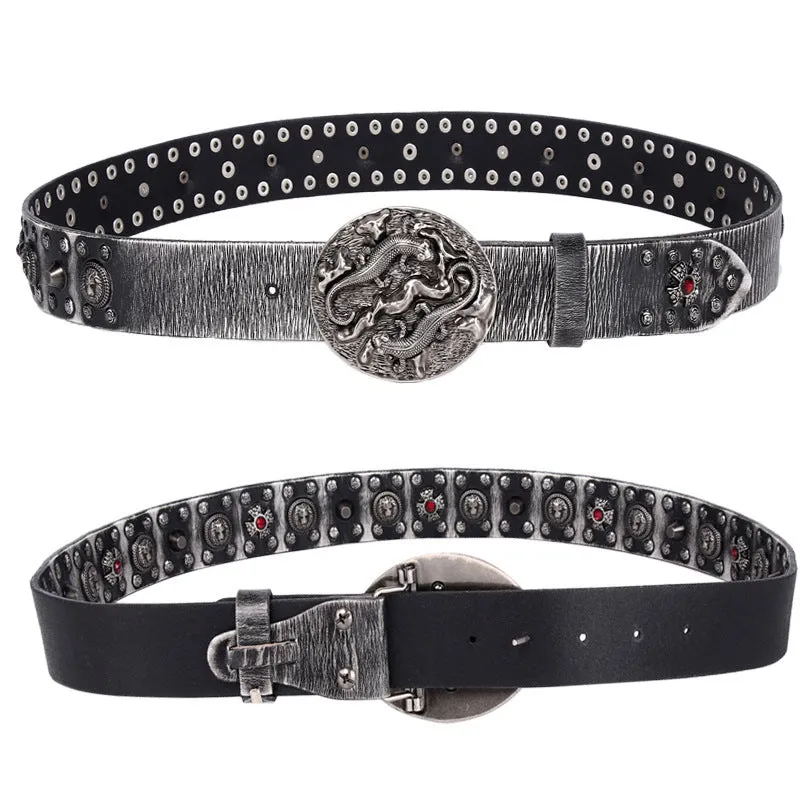 Men's black punk-style leather belt with silver rivets and an alloy buckle shown on a size chart.