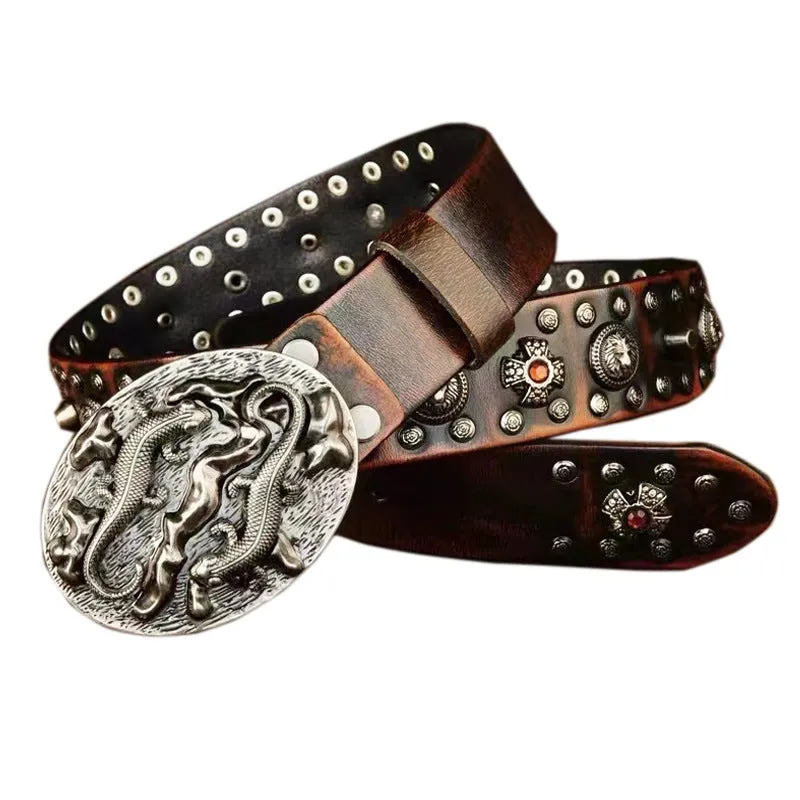 Men's black punk-style leather belt with silver rivets and an alloy buckle shown on a size chart.