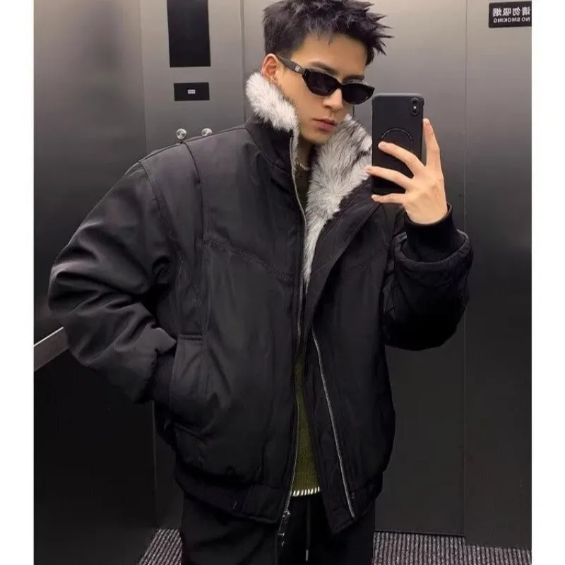 Cotton coat winter thickened flight jacket in black with side pockets and cardigan front
