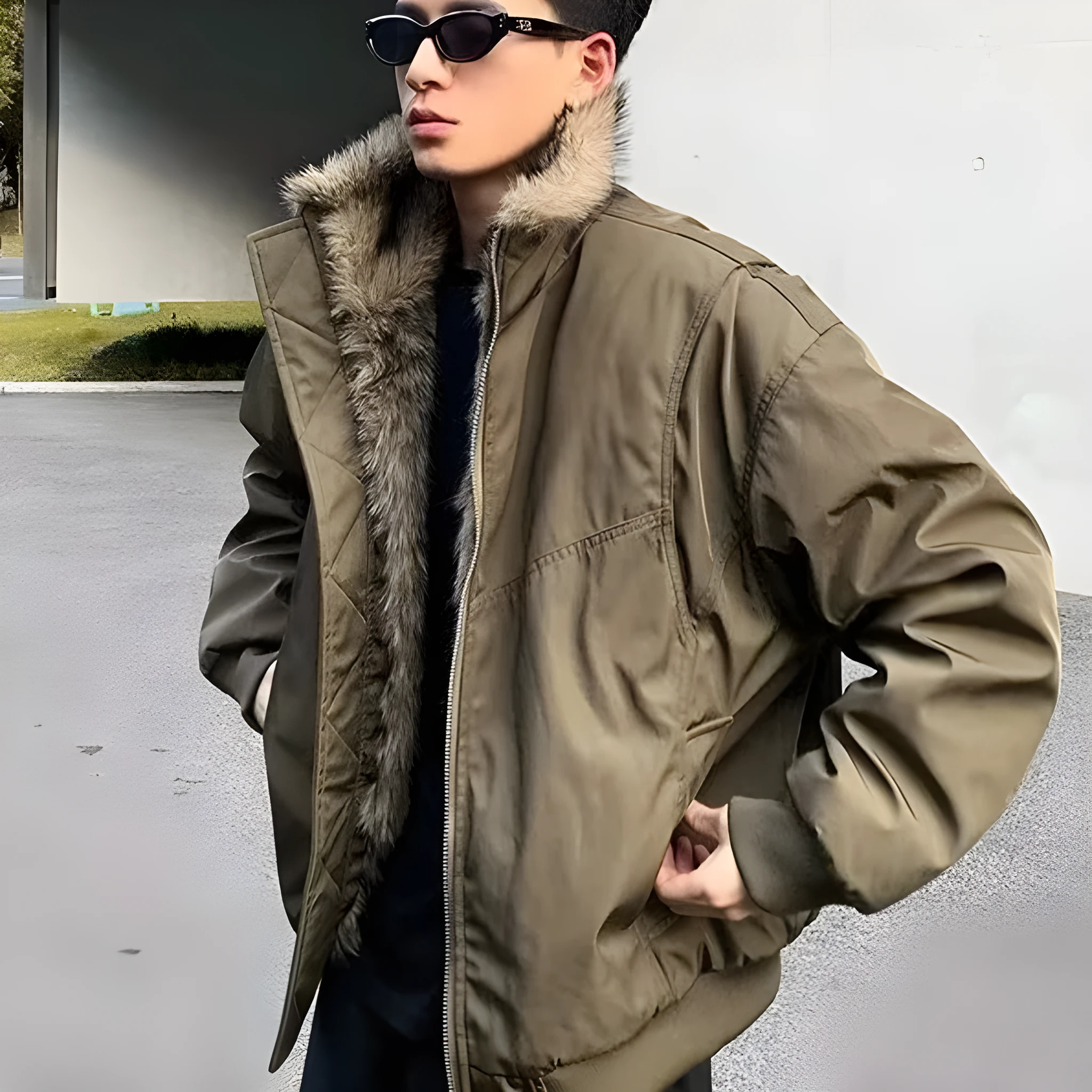 Cotton coat winter thickened flight jacket in black with side pockets and cardigan front