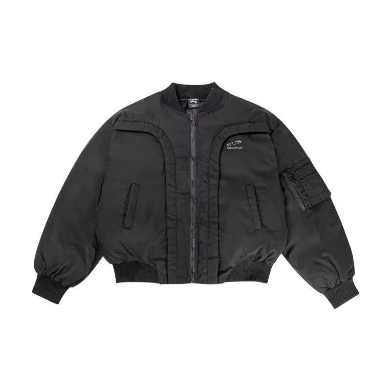 Cotton coat winter thickened flight jacket in black with side pockets and cardigan front