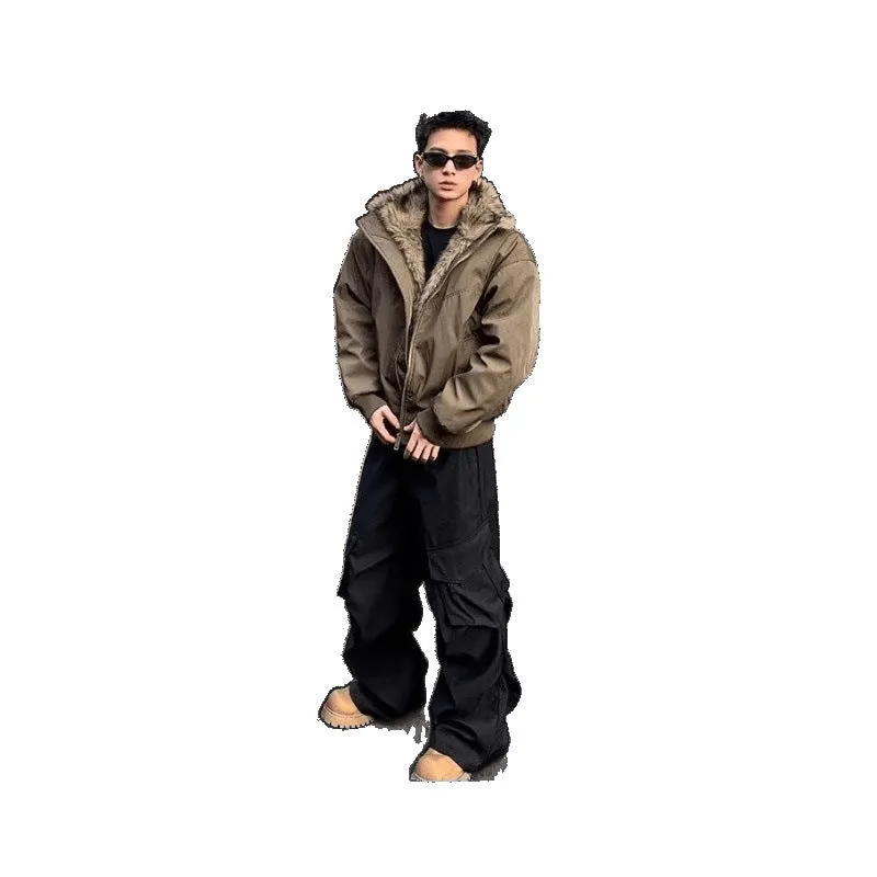 Cotton coat winter thickened flight jacket in black with side pockets and cardigan front