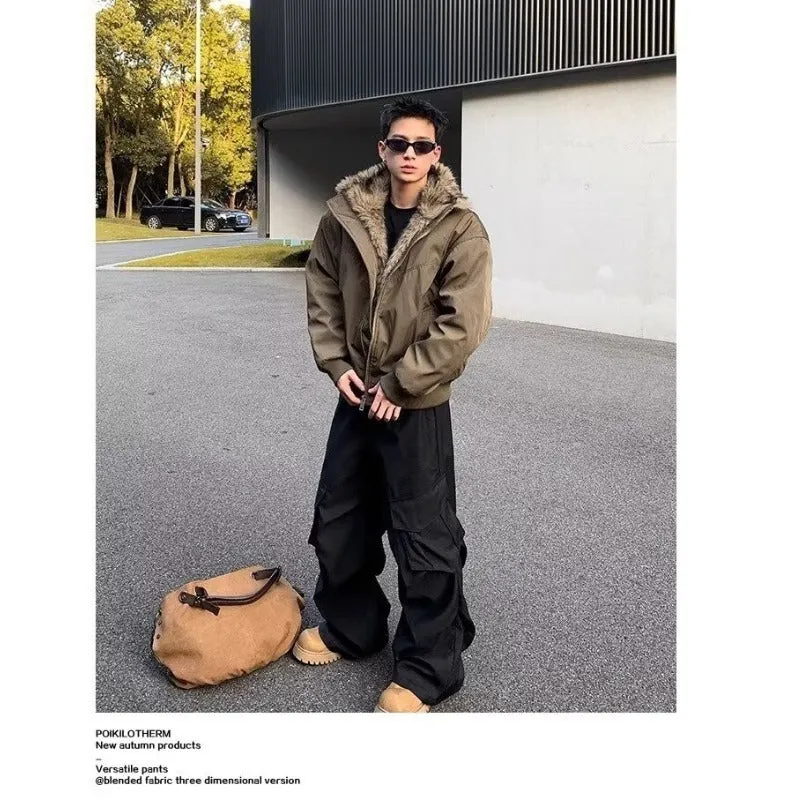Cotton coat winter thickened flight jacket in black with side pockets and cardigan front