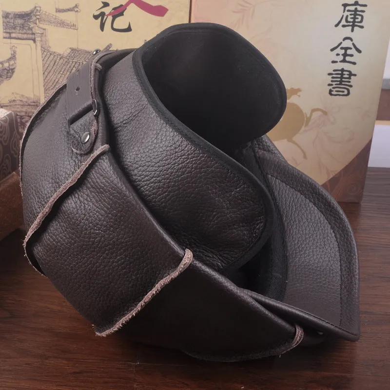Brown cowhide leather dome crown peak cap with brim for winter outdoor leisure