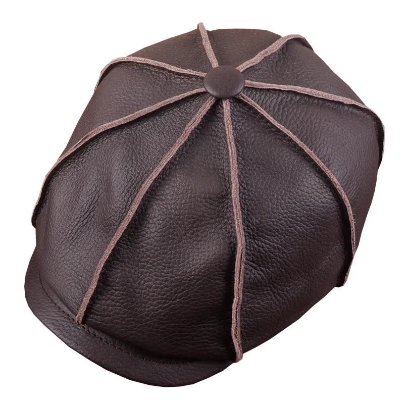 Brown cowhide leather dome crown peak cap with brim for winter outdoor leisure