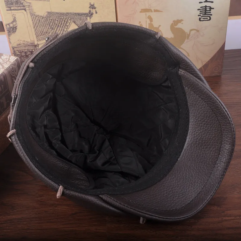 Brown cowhide leather dome crown peak cap with brim for winter outdoor leisure