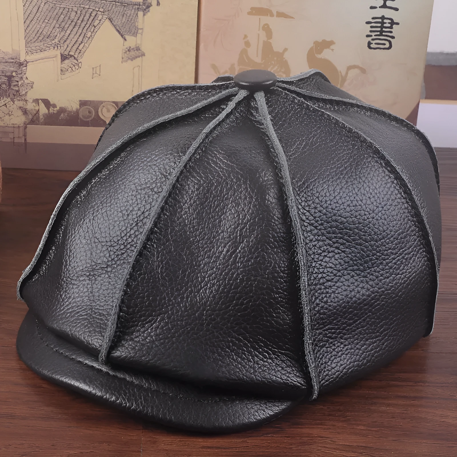 Brown cowhide leather dome crown peak cap with brim for winter outdoor leisure