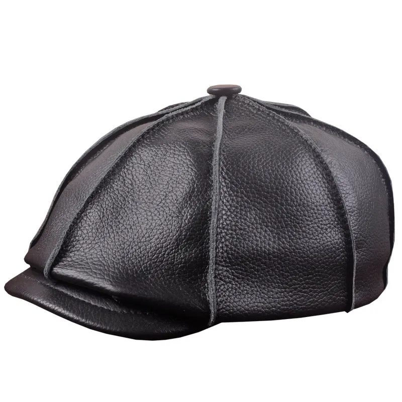 Brown cowhide leather dome crown peak cap with brim for winter outdoor leisure