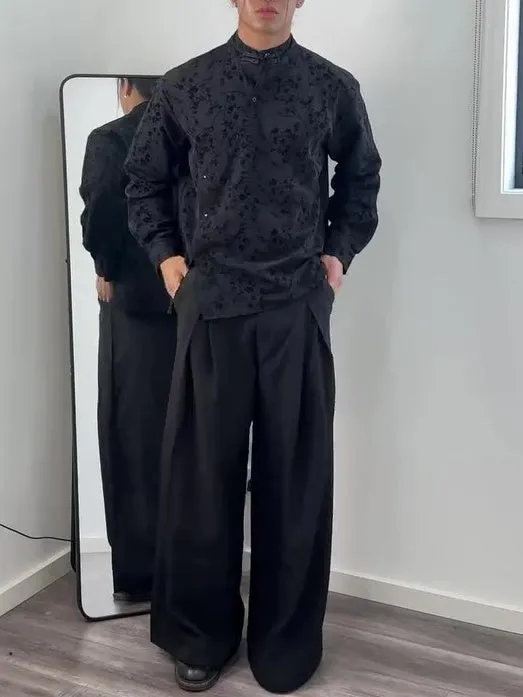 Black jacquard mandarin collar top with asymmetric button placket, polyester, regular fit