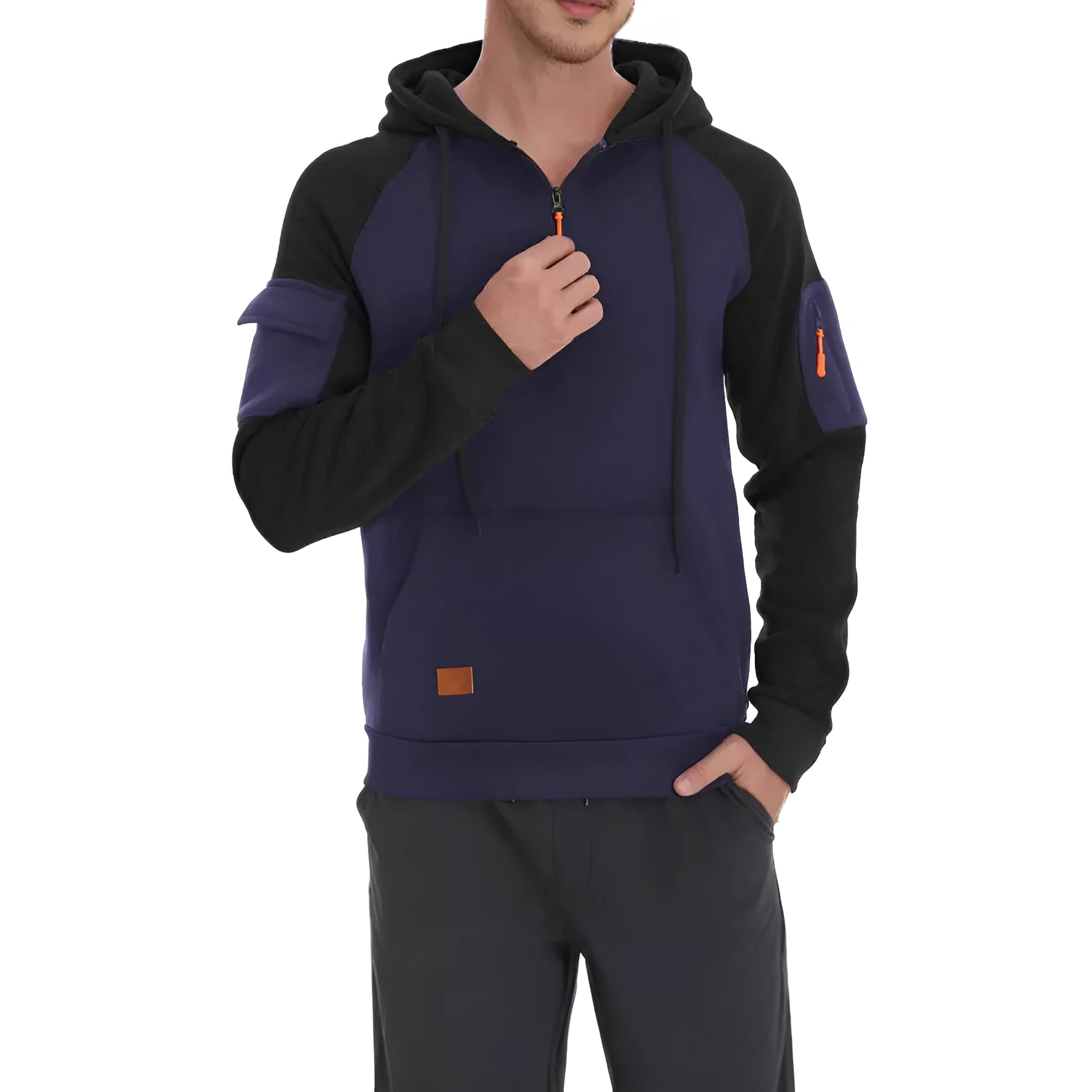 Men's pullover hoodie with front zipper in khaki showing hood and long sleeves
