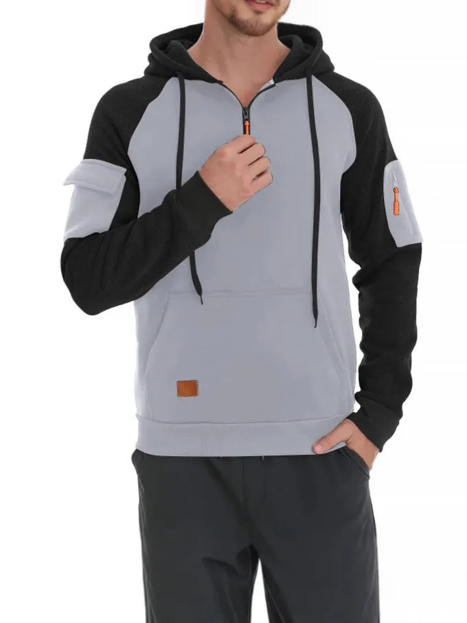 Men's pullover hoodie with front zipper in khaki showing hood and long sleeves
