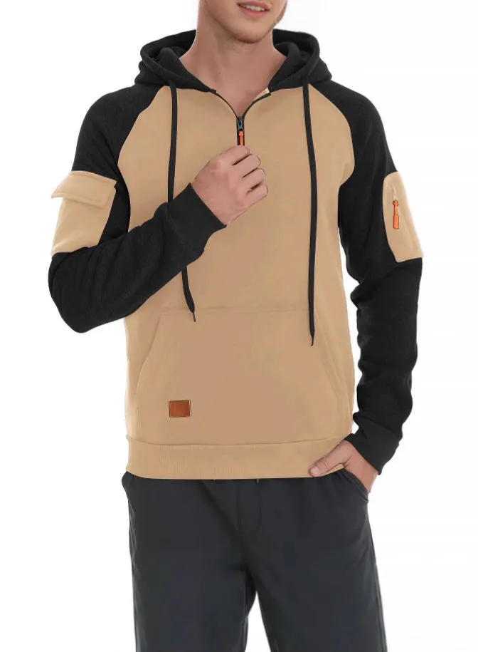 Men's pullover hoodie with front zipper in khaki showing hood and long sleeves