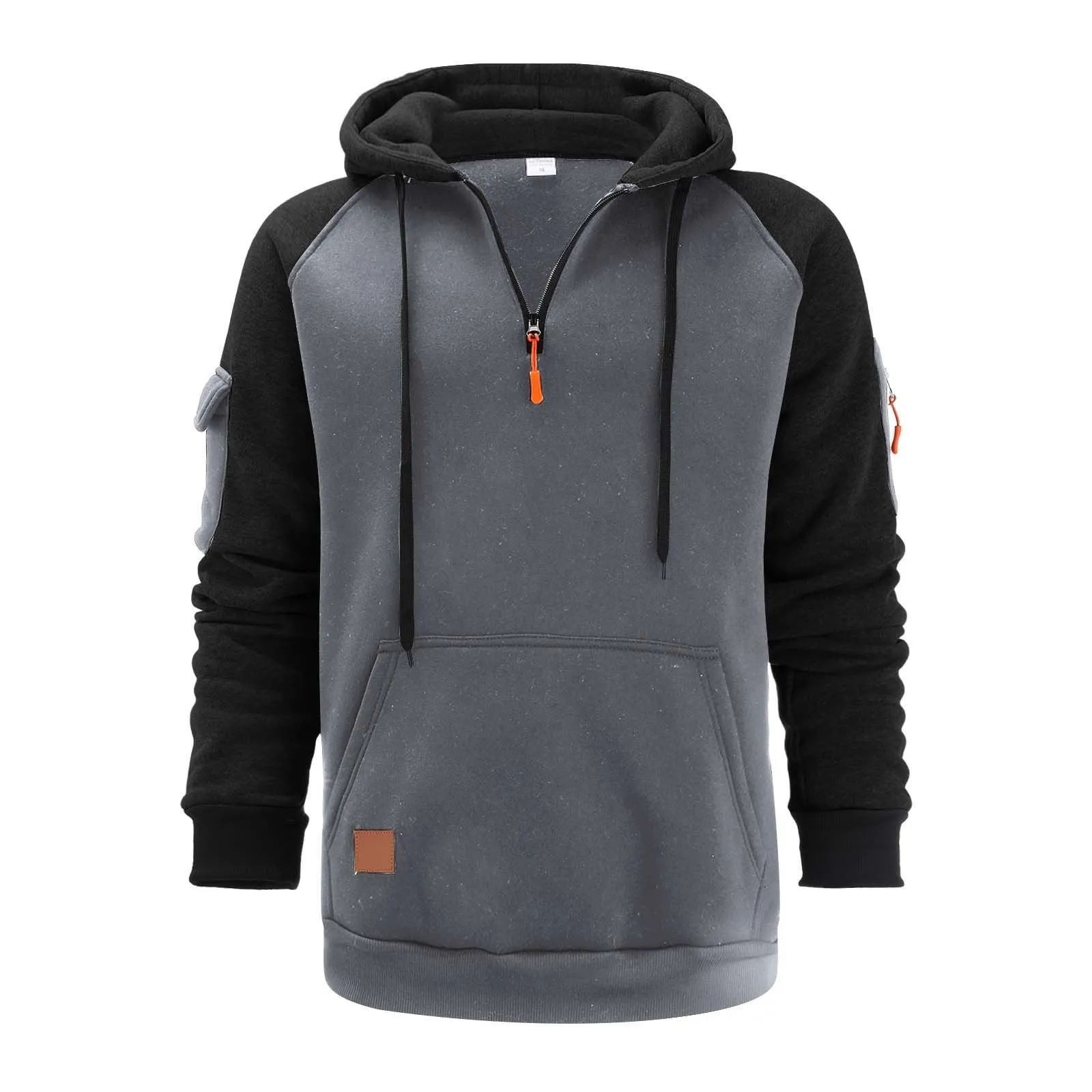 Men's pullover hoodie with front zipper in khaki showing hood and long sleeves