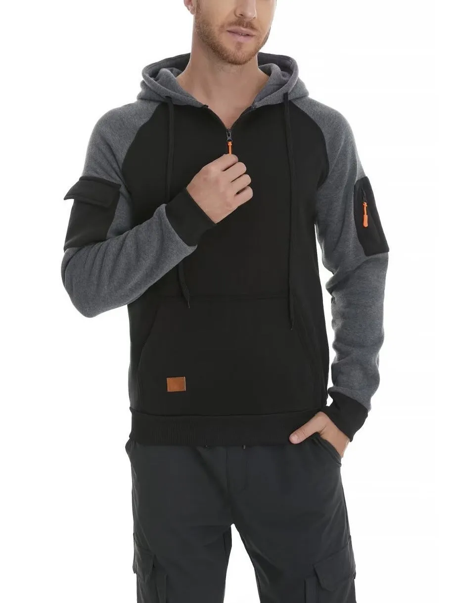 Men's pullover hoodie with front zipper in khaki showing hood and long sleeves