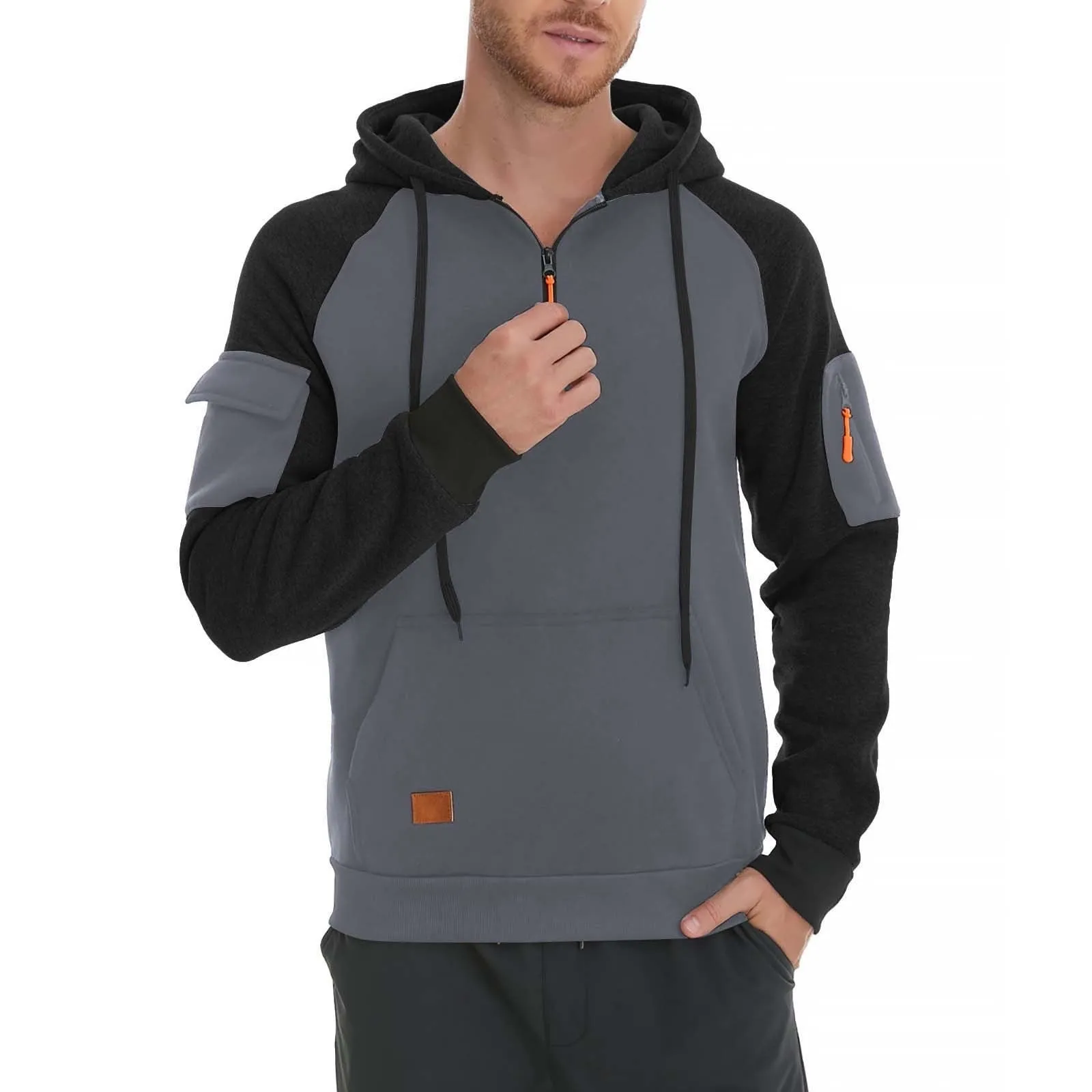 Men's pullover hoodie with front zipper in khaki showing hood and long sleeves
