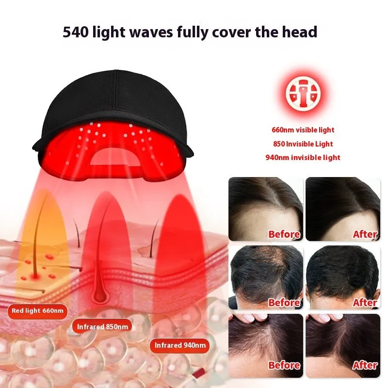 Black infrared peaked cap hair growth device with 180 LED red light panels and controller