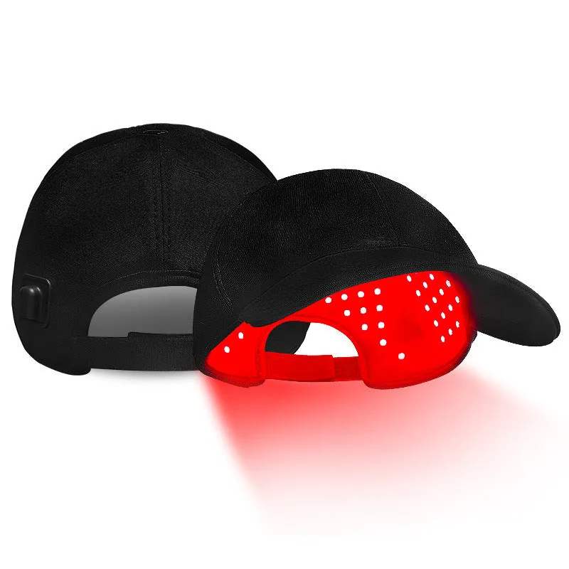 Black infrared peaked cap hair growth device with 180 LED red light panels and controller