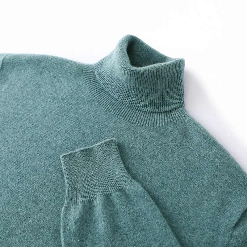 Men's loose pullover sweater in high collar dark blue, standard wool yarn