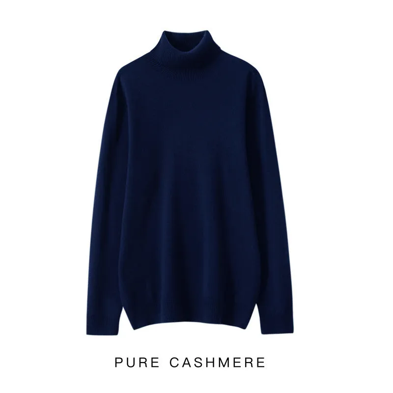 Men's loose pullover sweater in high collar dark blue, standard wool yarn