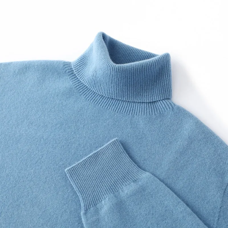 Men's loose pullover sweater in high collar dark blue, standard wool yarn