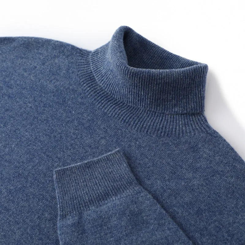 Men's loose pullover sweater in high collar dark blue, standard wool yarn