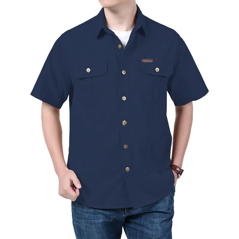 Men's solid colour cotton short sleeve cardigan shirt in dark blue, regular fit, summer wear