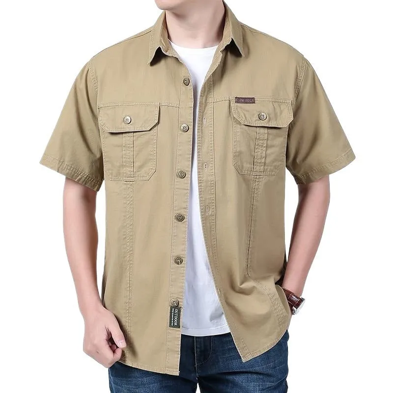 Men's solid colour cotton short sleeve cardigan shirt in dark blue, regular fit, summer wear