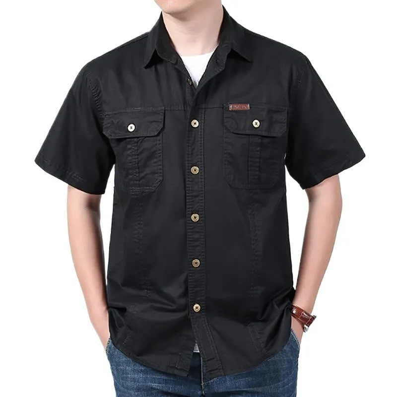 Men's solid colour cotton short sleeve cardigan shirt in dark blue, regular fit, summer wear