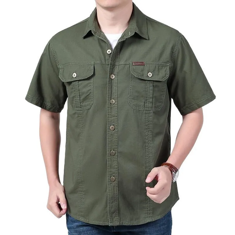 Men's solid colour cotton short sleeve cardigan shirt in dark blue, regular fit, summer wear