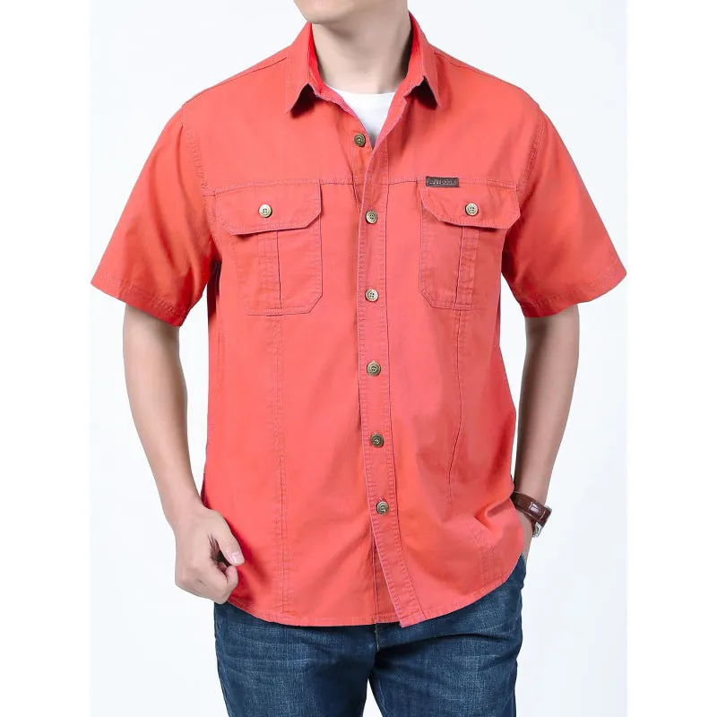 Men's solid colour cotton short sleeve cardigan shirt in dark blue, regular fit, summer wear