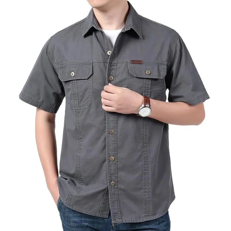 Men's solid colour cotton short sleeve cardigan shirt in dark blue, regular fit, summer wear