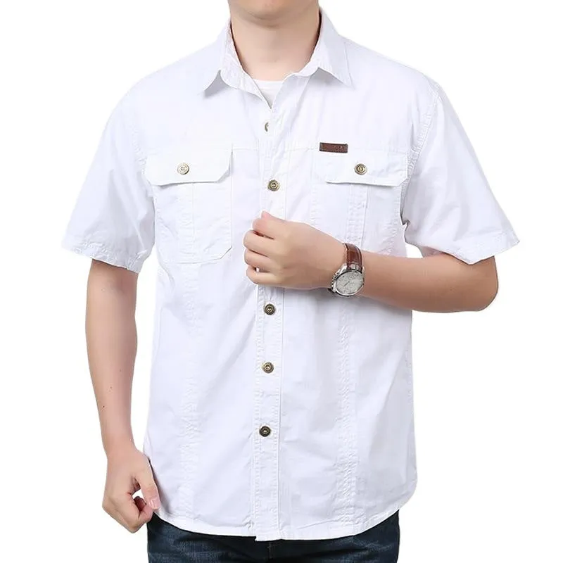 Men's solid colour cotton short sleeve cardigan shirt in dark blue, regular fit, summer wear