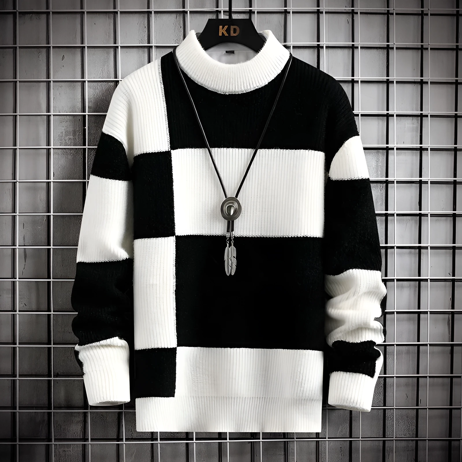Men's thickened modal cardigan sweater coat in colour block design, loose fit, sizes M-4XL, white collar with black option