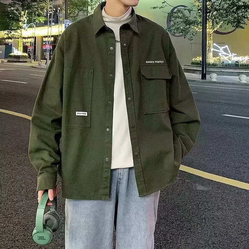 Fashion loose oversized cardigan for men in green, long sleeves, minimalist style, polyester fabric