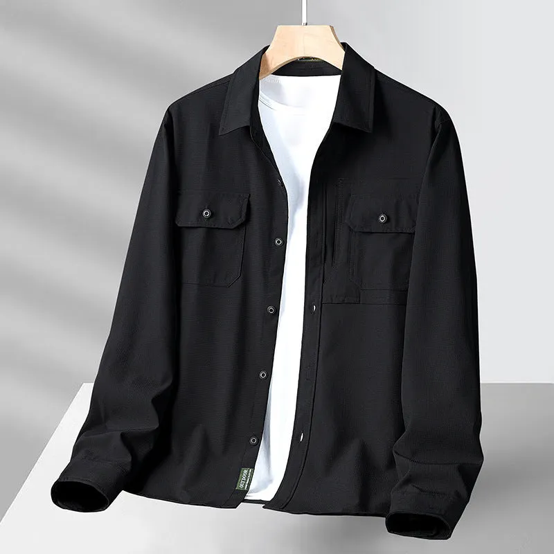 Men's casual loose long sleeve cotton shirt in solid colour, quick-dry fabric, available in multiple sizes