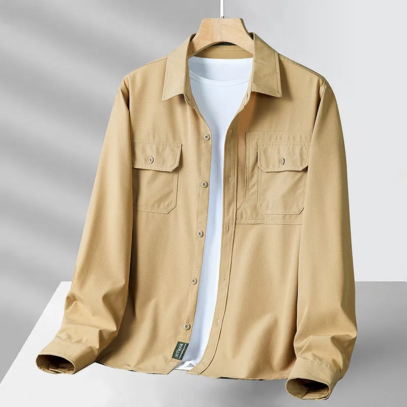 Men's casual loose long sleeve cotton shirt in solid colour, quick-dry fabric, available in multiple sizes