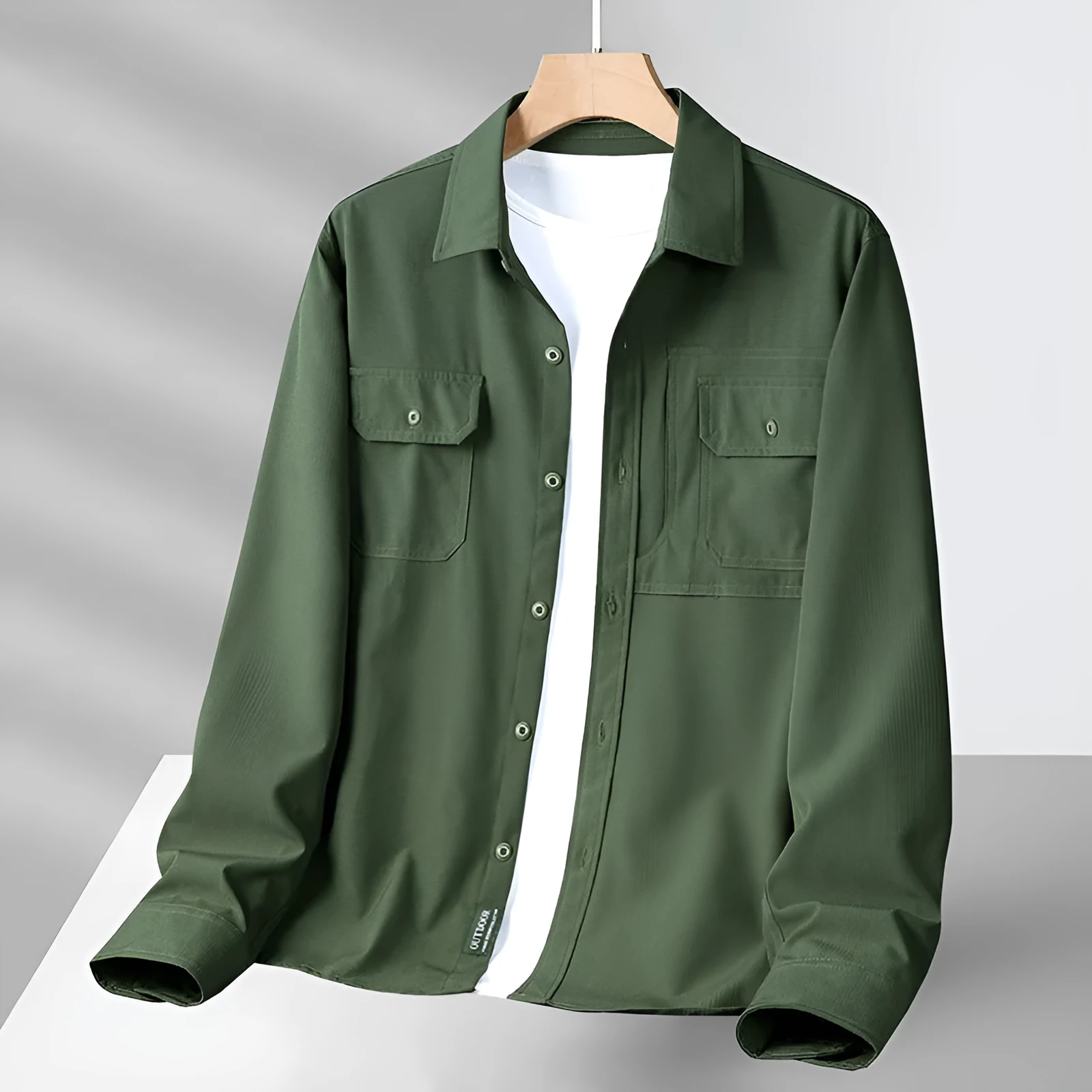 Men's casual loose long sleeve cotton shirt in solid colour, quick-dry fabric, available in multiple sizes