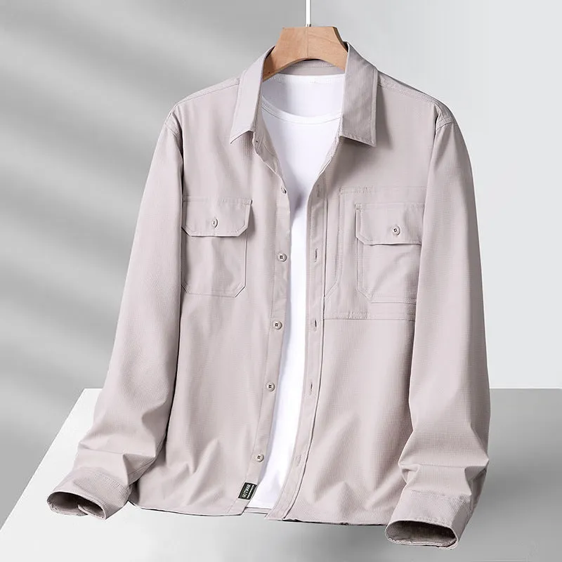 Men's casual loose long sleeve cotton shirt in solid colour, quick-dry fabric, available in multiple sizes