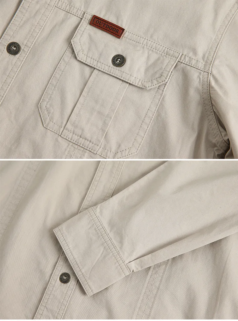 Men's casual loose long sleeve cotton shirt in solid colour, quick-dry fabric, available in multiple sizes
