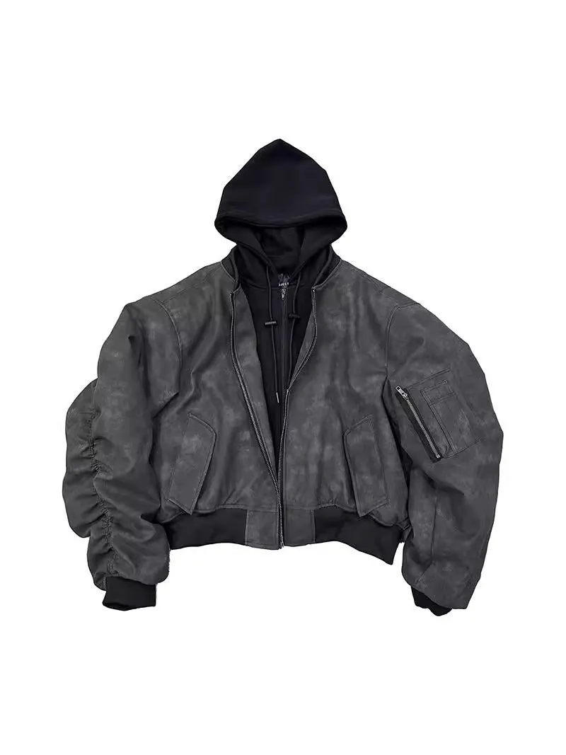 Black double-layer fake two-piece hooded pilot jacket with side seam pockets on a model