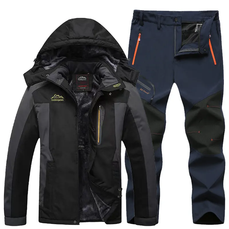 Men's outdoor windproof jacket set with jogging pants in black and army green colour block
